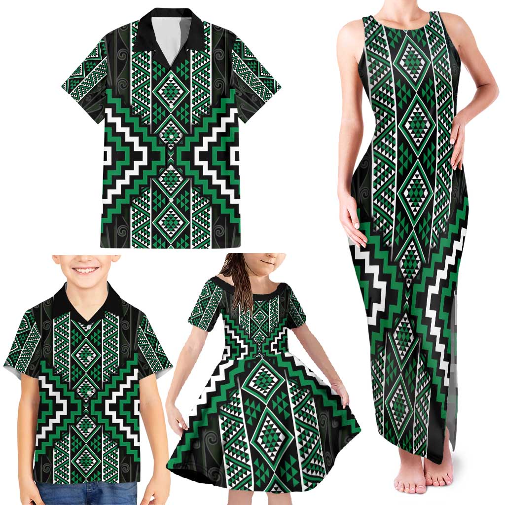 Jade Tukutuku Pattern Aotearoa Family Matching Tank Maxi Dress and Hawaiian Shirt Niho Taniwha and Puhoro Motifs