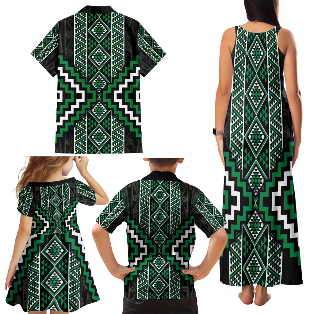 Jade Tukutuku Pattern Aotearoa Family Matching Tank Maxi Dress and Hawaiian Shirt Niho Taniwha and Puhoro Motifs