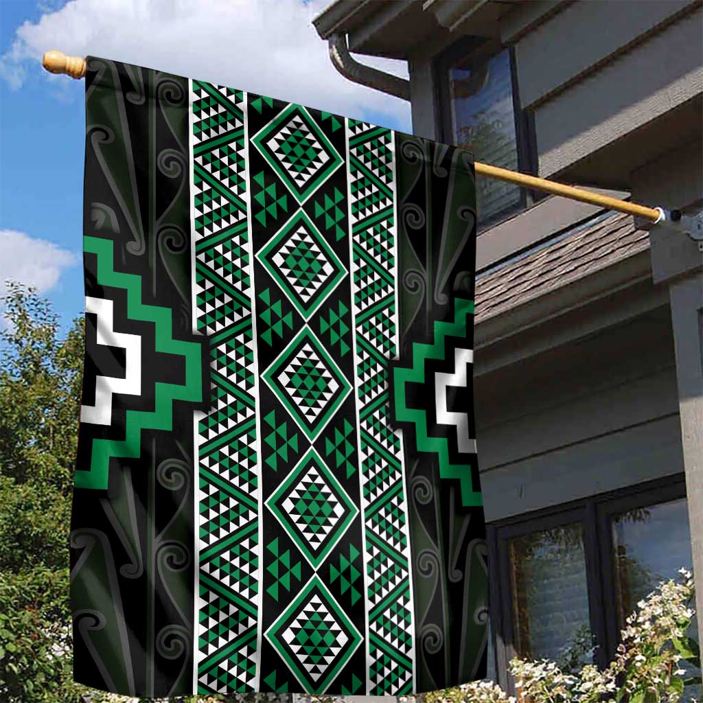 Jade Tukutuku Pattern Aotearoa Garden Flag Niho Taniwha and Puhoro Motifs - Vibe Hoodie Shop