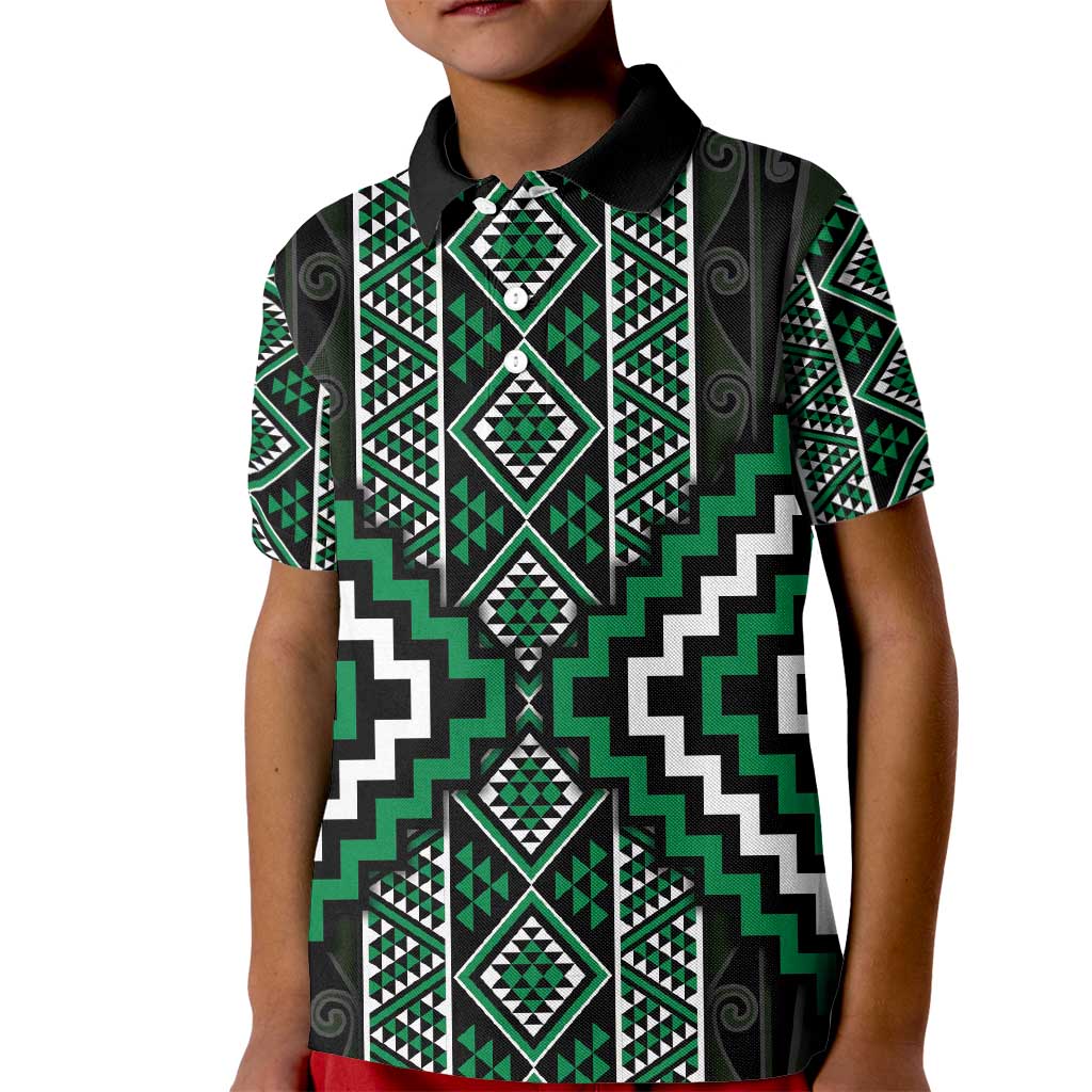 Jade Tukutuku Pattern Aotearoa Kid Polo Shirt Niho Taniwha and Puhoro Motifs - Vibe Hoodie Shop