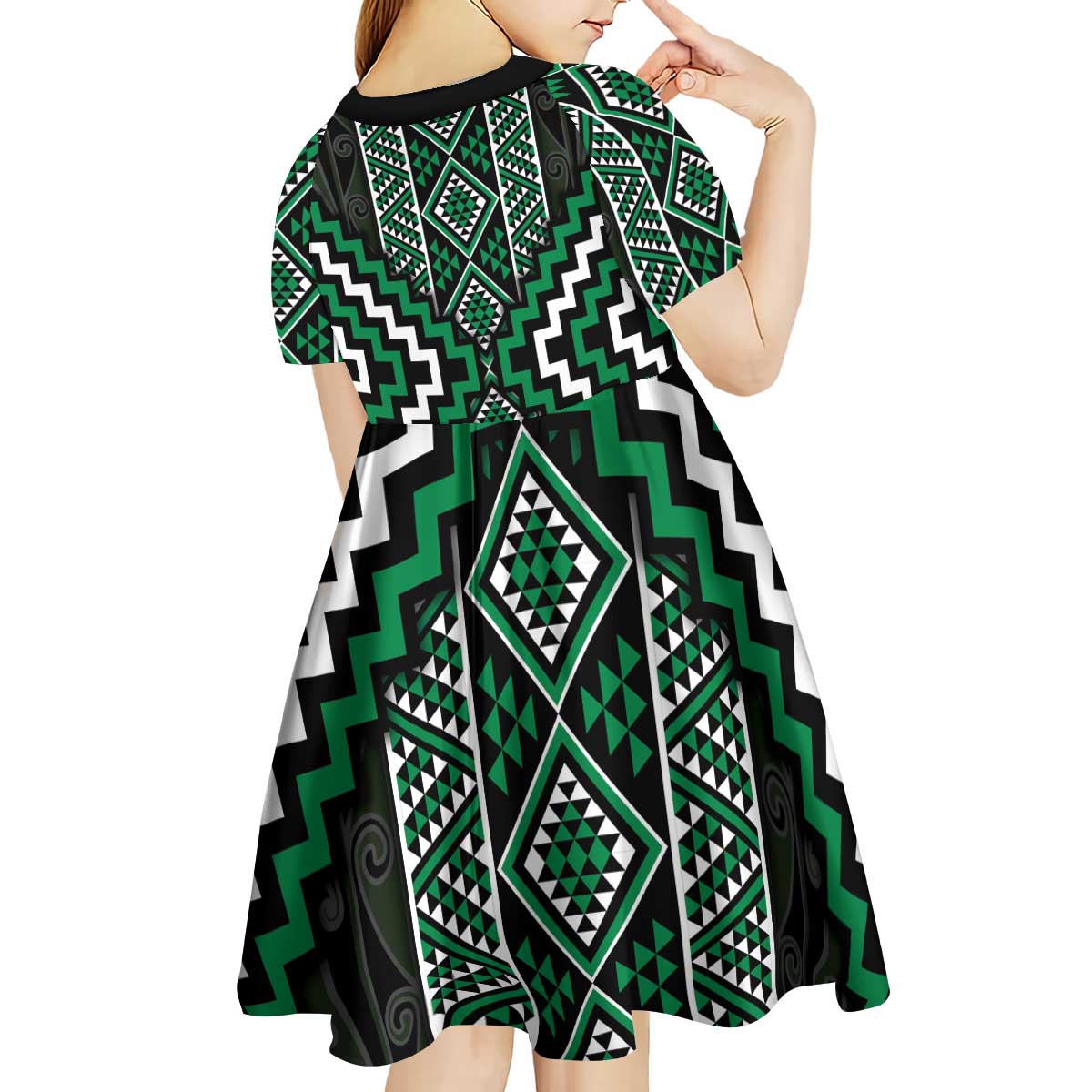 Jade Tukutuku Pattern Aotearoa Kid Short Sleeve Dress Niho Taniwha and Puhoro Motifs - Vibe Hoodie Shop