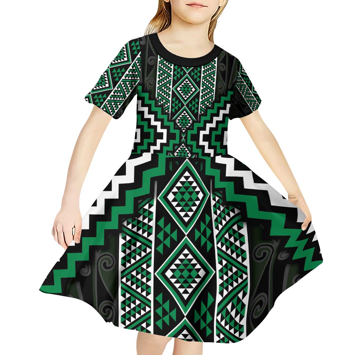 Jade Tukutuku Pattern Aotearoa Kid Short Sleeve Dress Niho Taniwha and Puhoro Motifs - Vibe Hoodie Shop