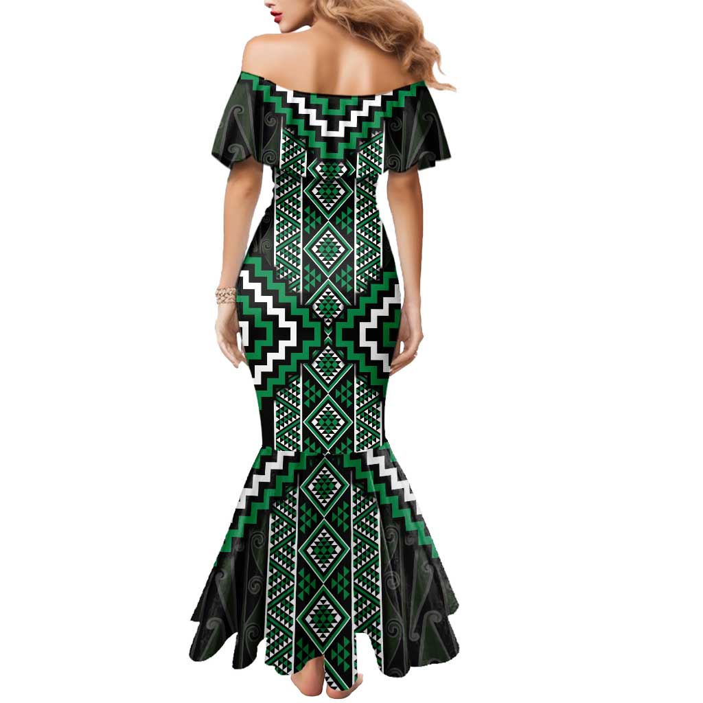 Jade Tukutuku Pattern Aotearoa Mermaid Dress Niho Taniwha and Puhoro Motifs