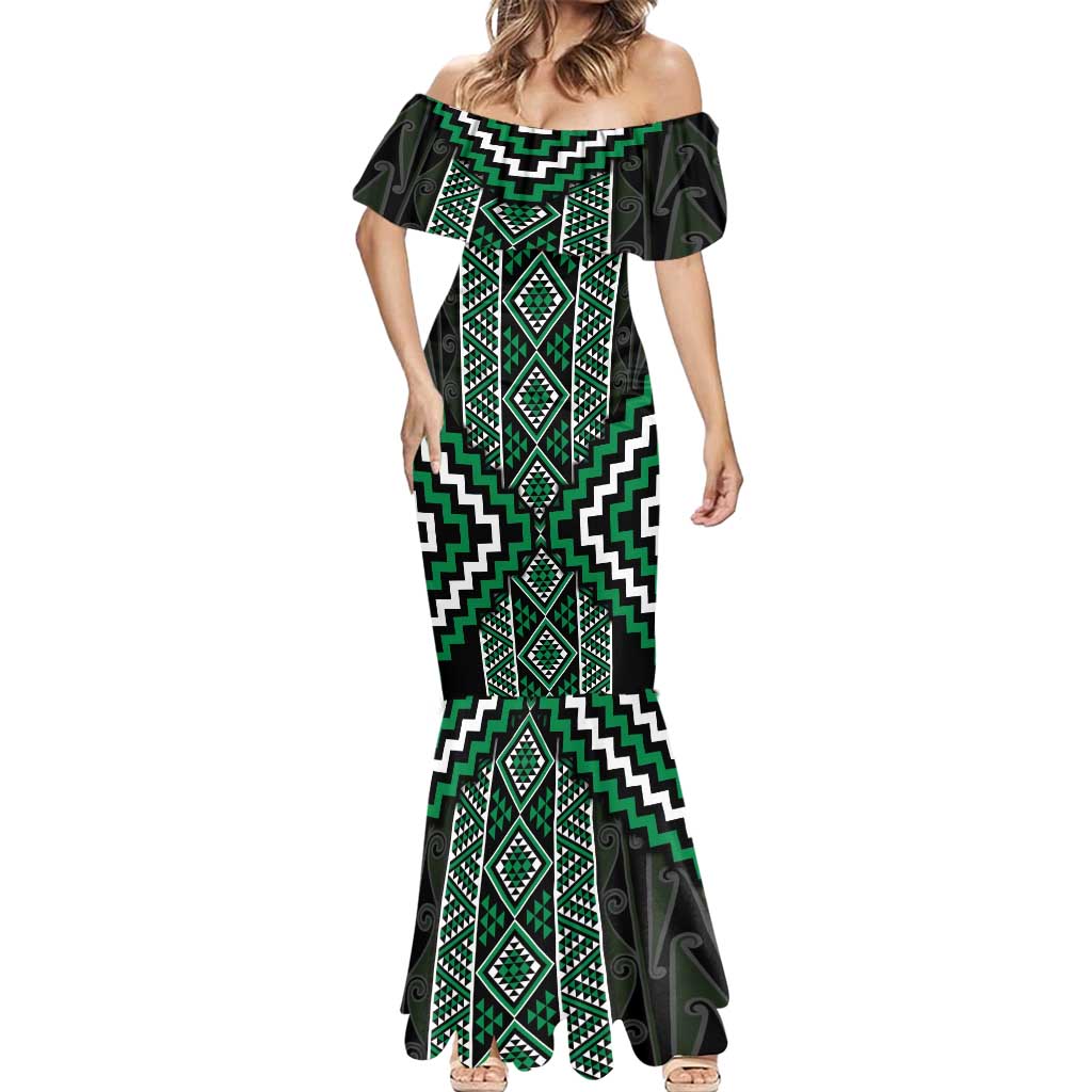 Jade Tukutuku Pattern Aotearoa Mermaid Dress Niho Taniwha and Puhoro Motifs