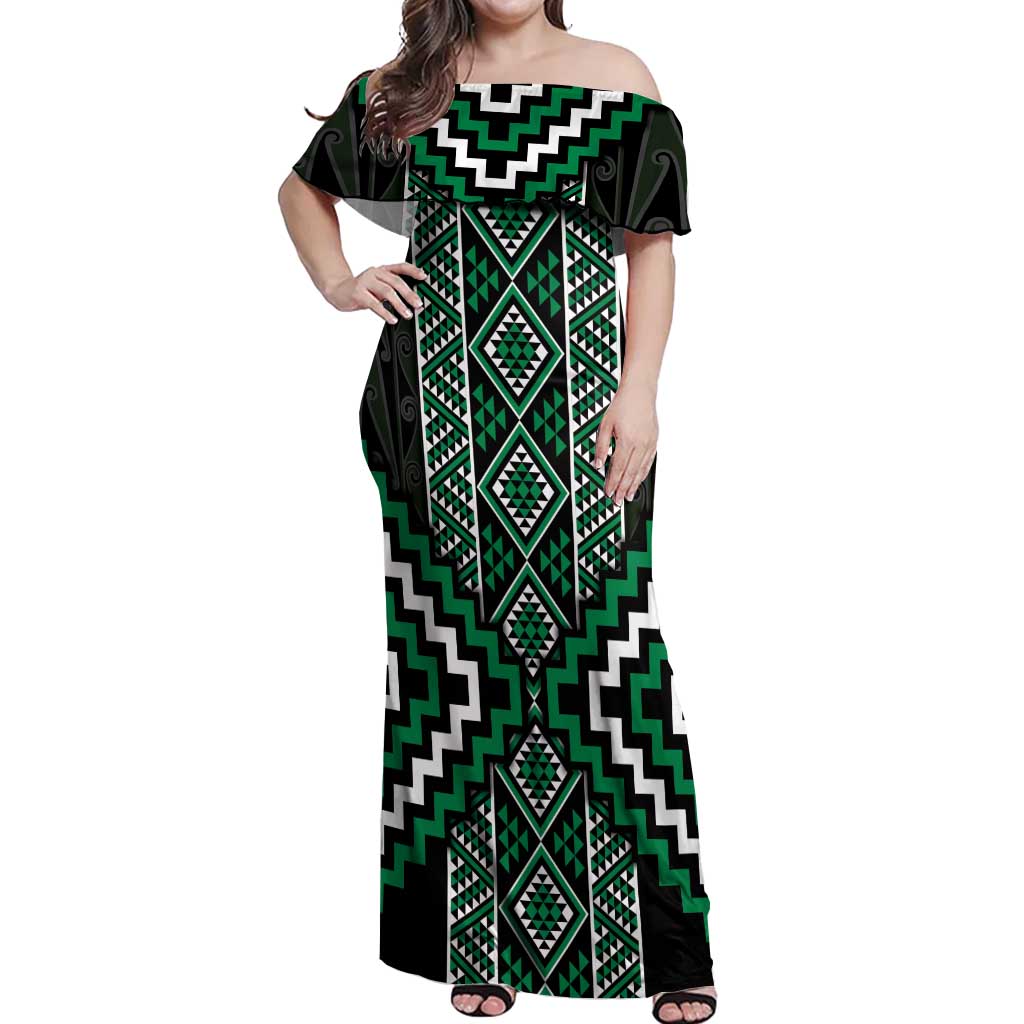 Jade Tukutuku Pattern Aotearoa Off Shoulder Maxi Dress Niho Taniwha and Puhoro Motifs