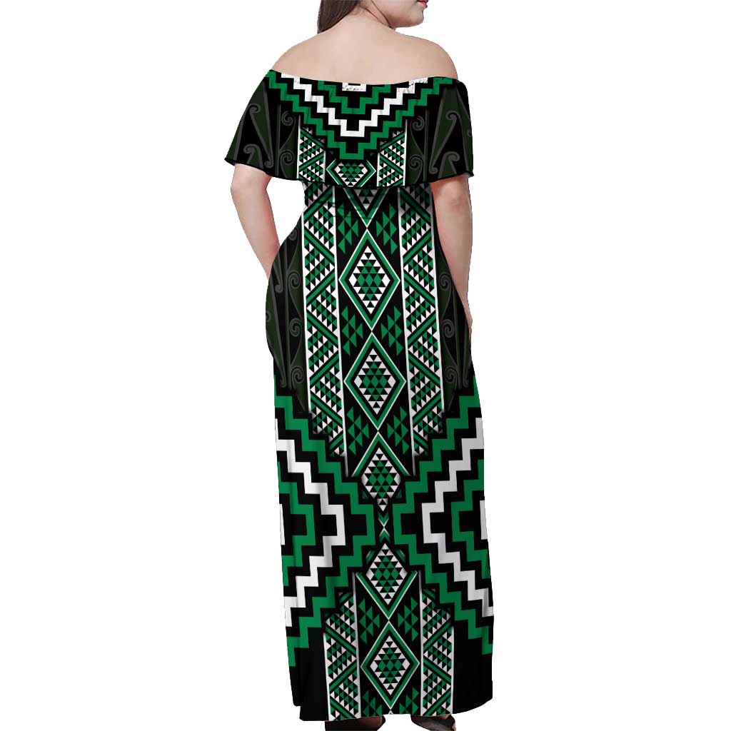 Jade Tukutuku Pattern Aotearoa Off Shoulder Maxi Dress Niho Taniwha and Puhoro Motifs