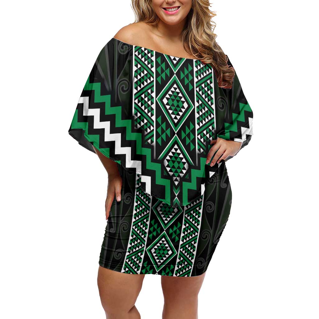 Jade Tukutuku Pattern Aotearoa Off Shoulder Short Dress Niho Taniwha and Puhoro Motifs