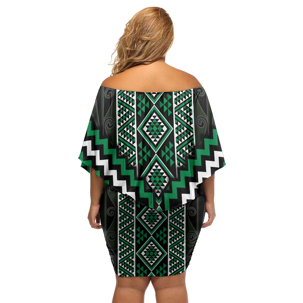 Jade Tukutuku Pattern Aotearoa Off Shoulder Short Dress Niho Taniwha and Puhoro Motifs