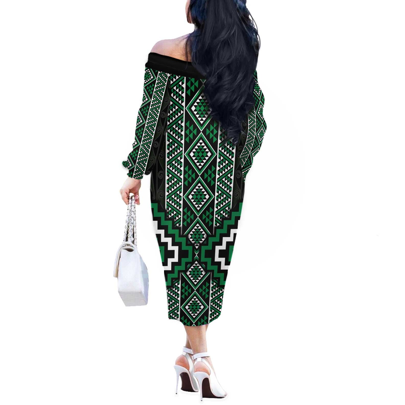 Jade Tukutuku Pattern Aotearoa Off The Shoulder Long Sleeve Dress Niho Taniwha and Puhoro Motifs