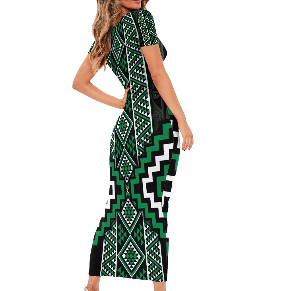 Jade Tukutuku Pattern Aotearoa Short Sleeve Bodycon Dress Niho Taniwha and Puhoro Motifs