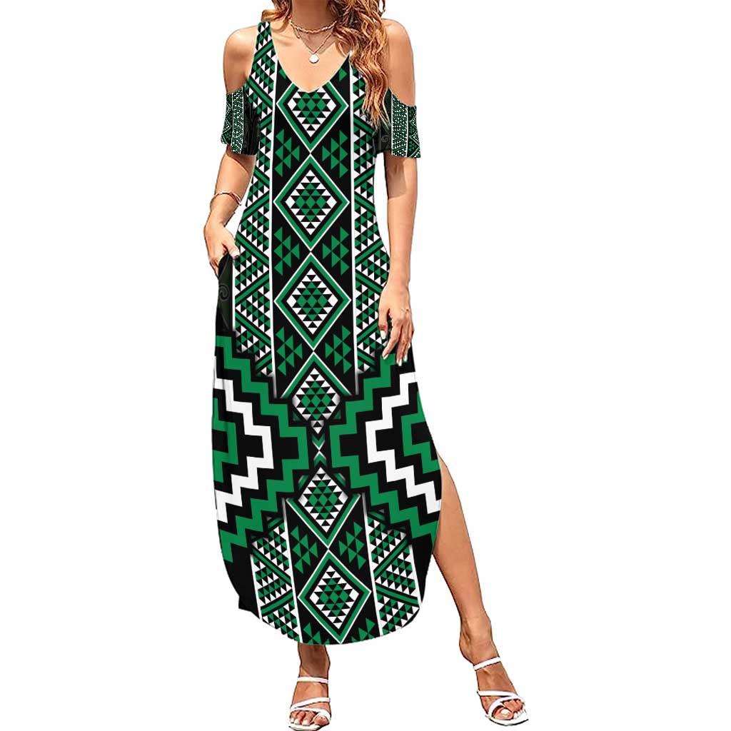 Jade Tukutuku Pattern Aotearoa Summer Maxi Dress Niho Taniwha and Puhoro Motifs