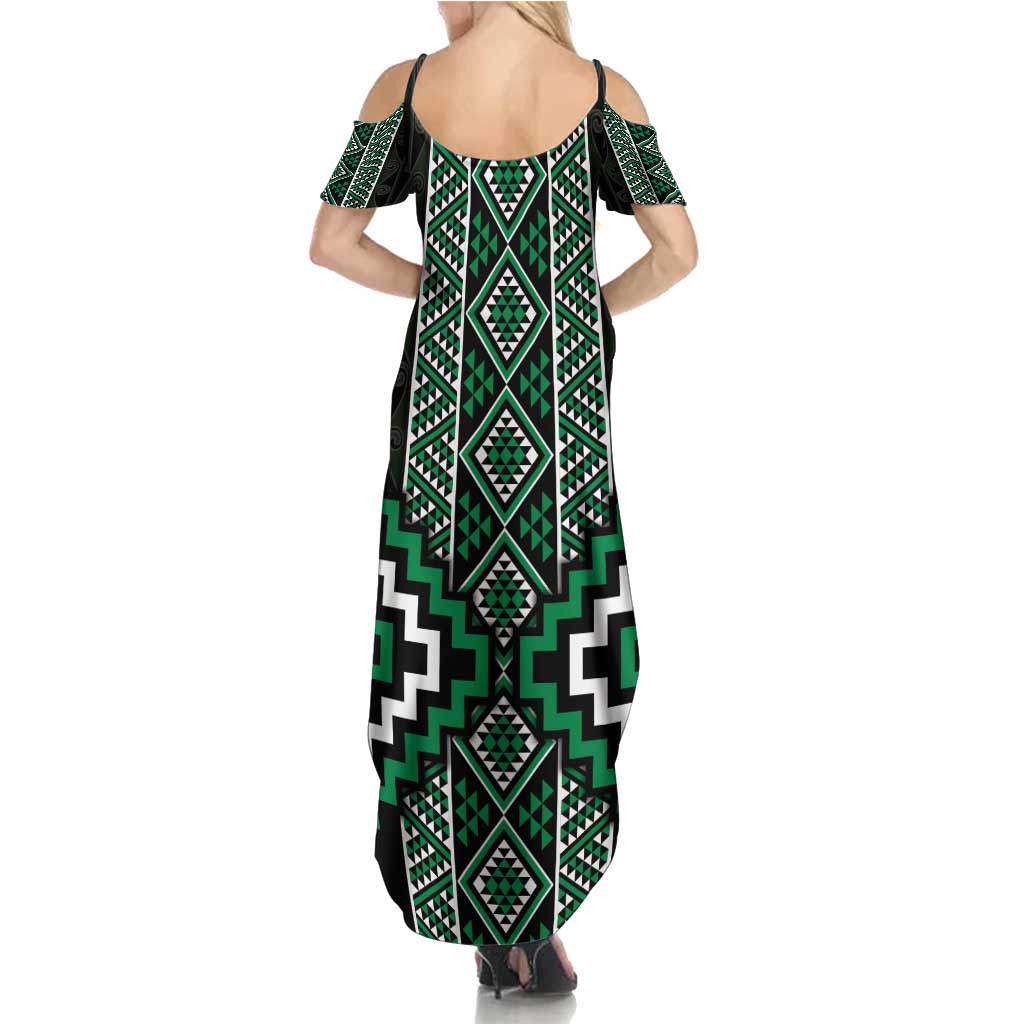 Jade Tukutuku Pattern Aotearoa Summer Maxi Dress Niho Taniwha and Puhoro Motifs