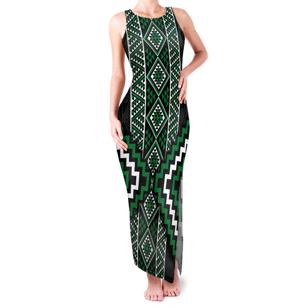 Jade Tukutuku Pattern Aotearoa Tank Maxi Dress Niho Taniwha and Puhoro Motifs