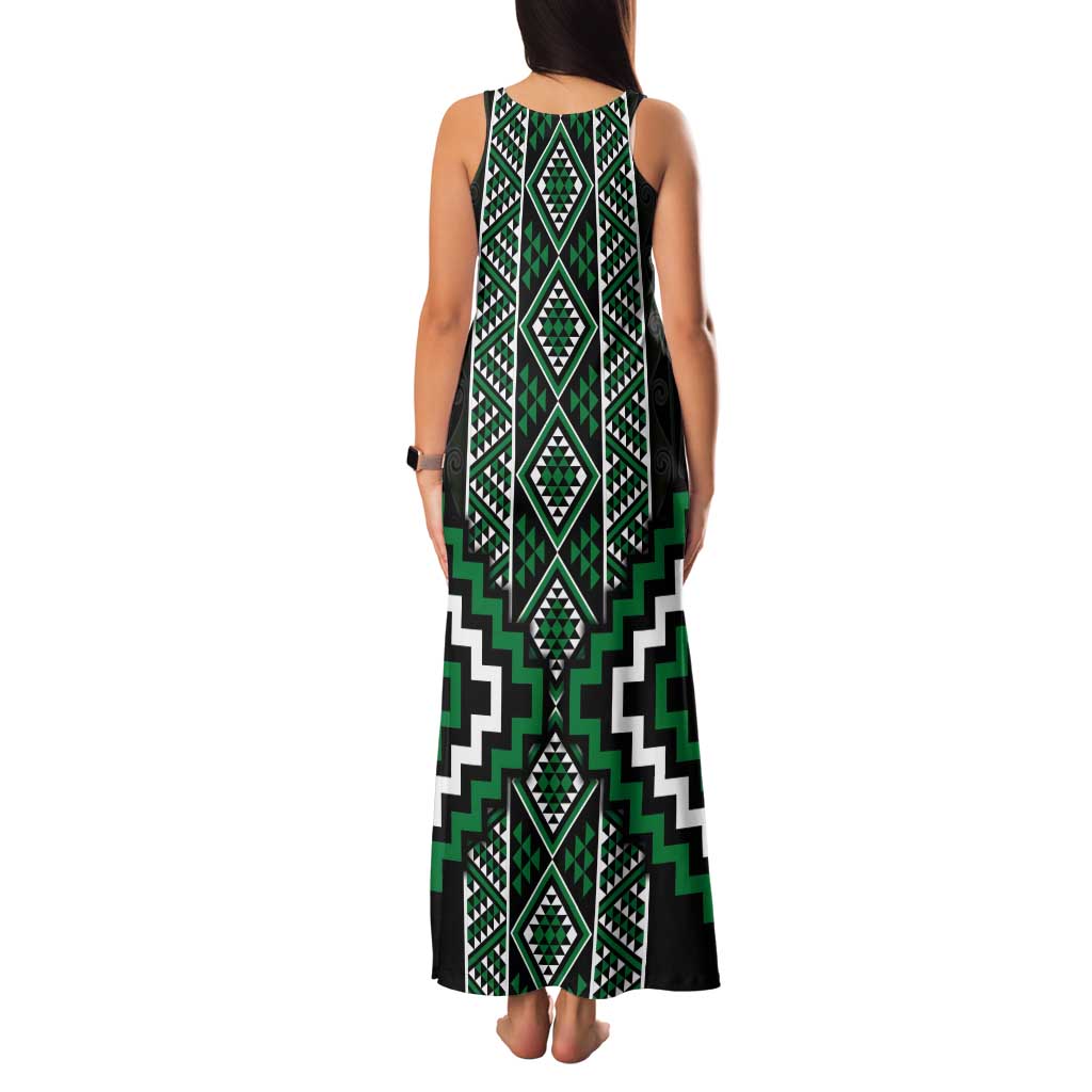 Jade Tukutuku Pattern Aotearoa Tank Maxi Dress Niho Taniwha and Puhoro Motifs