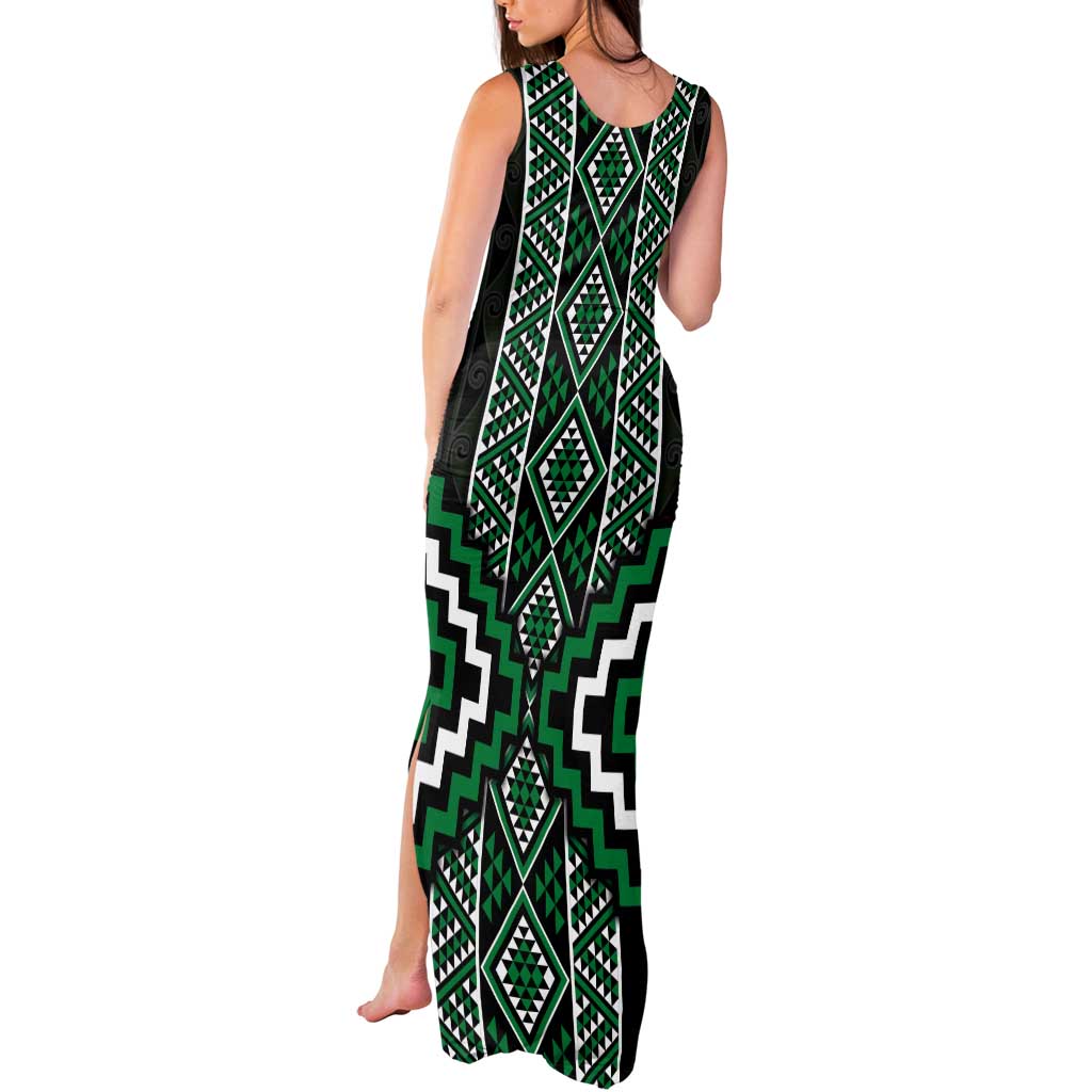 Jade Tukutuku Pattern Aotearoa Tank Maxi Dress Niho Taniwha and Puhoro Motifs