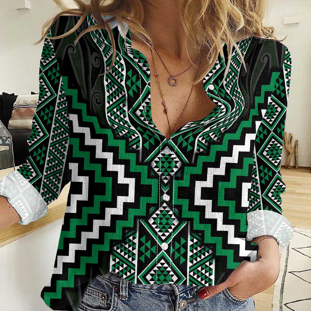 Jade Tukutuku Pattern Aotearoa Women Casual Shirt Niho Taniwha and Puhoro Motifs - Vibe Hoodie Shop