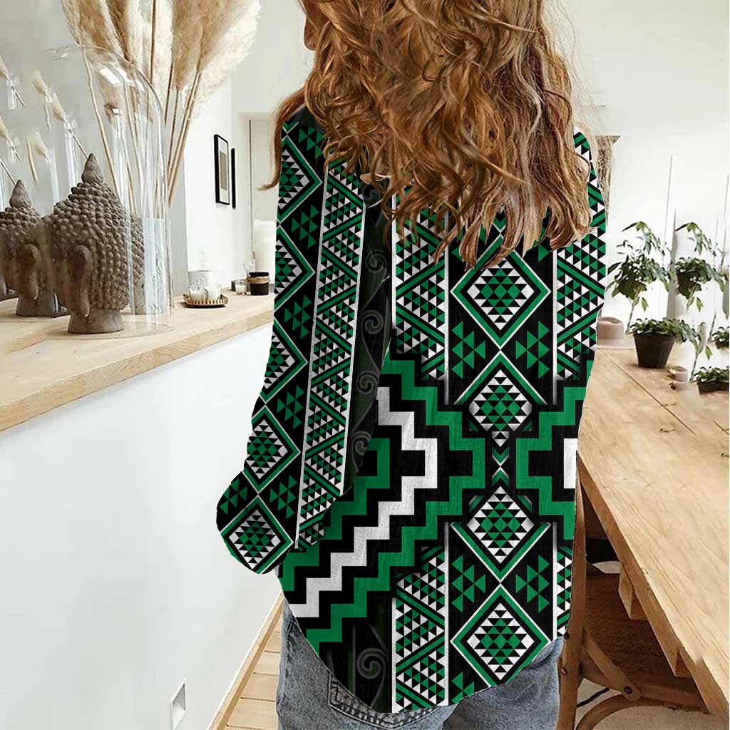 Jade Tukutuku Pattern Aotearoa Women Casual Shirt Niho Taniwha and Puhoro Motifs - Vibe Hoodie Shop