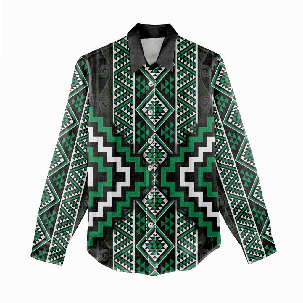 Jade Tukutuku Pattern Aotearoa Women Casual Shirt Niho Taniwha and Puhoro Motifs - Vibe Hoodie Shop