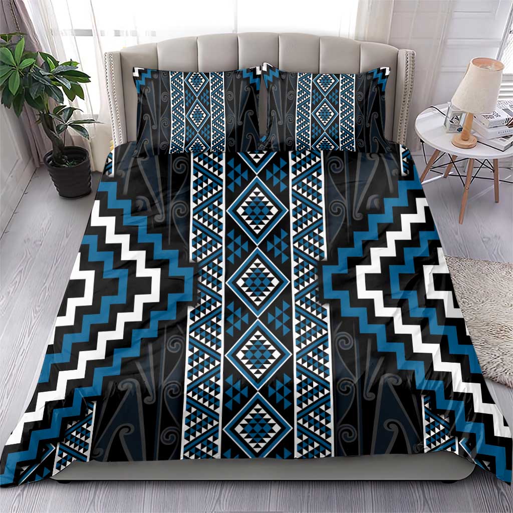 Azure Tukutuku Pattern Aotearoa Bedding Set Niho Taniwha and Puhoro Motifs - Vibe Hoodie Shop