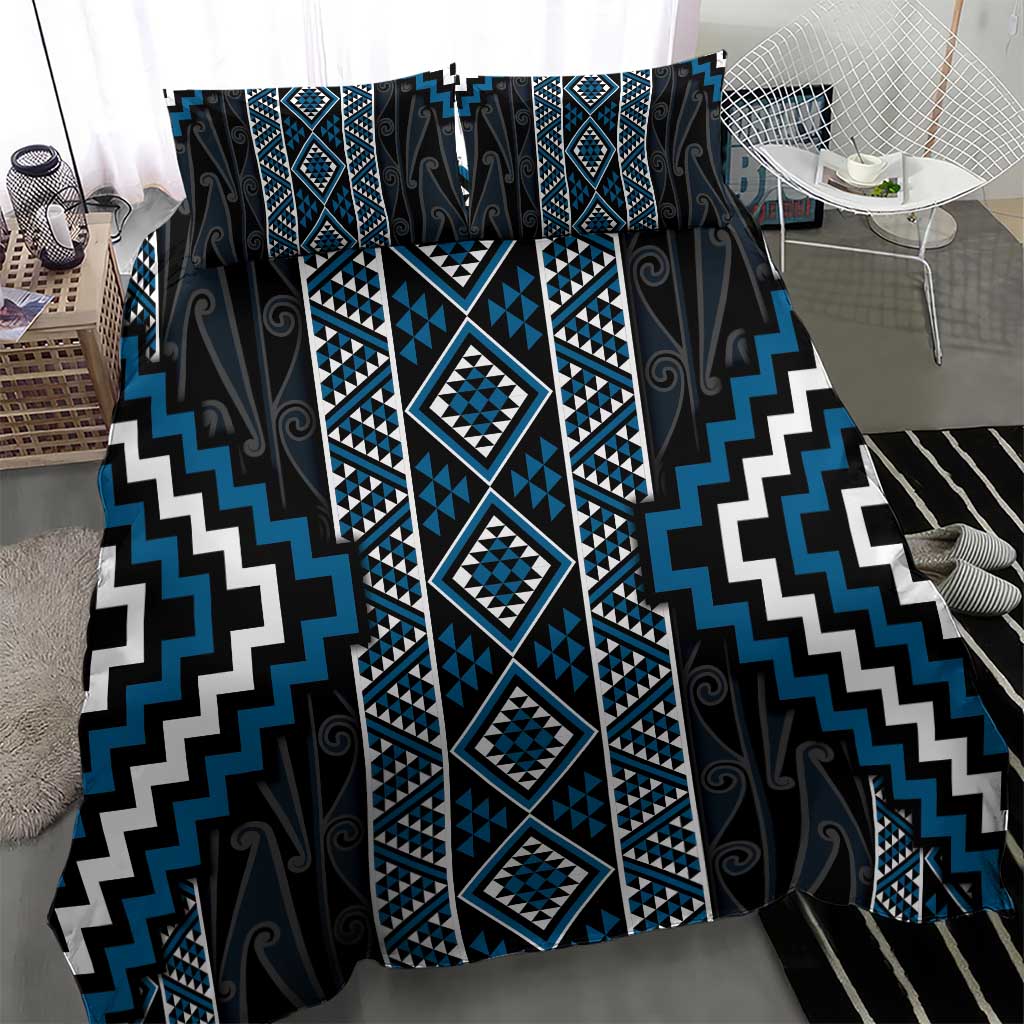 Azure Tukutuku Pattern Aotearoa Bedding Set Niho Taniwha and Puhoro Motifs - Vibe Hoodie Shop