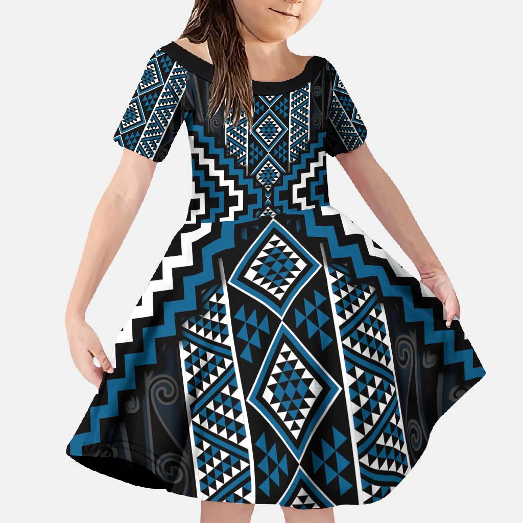 Azure Tukutuku Pattern Aotearoa Family Matching Long Sleeve Bodycon Dress and Hawaiian Shirt Niho Taniwha and Puhoro Motifs