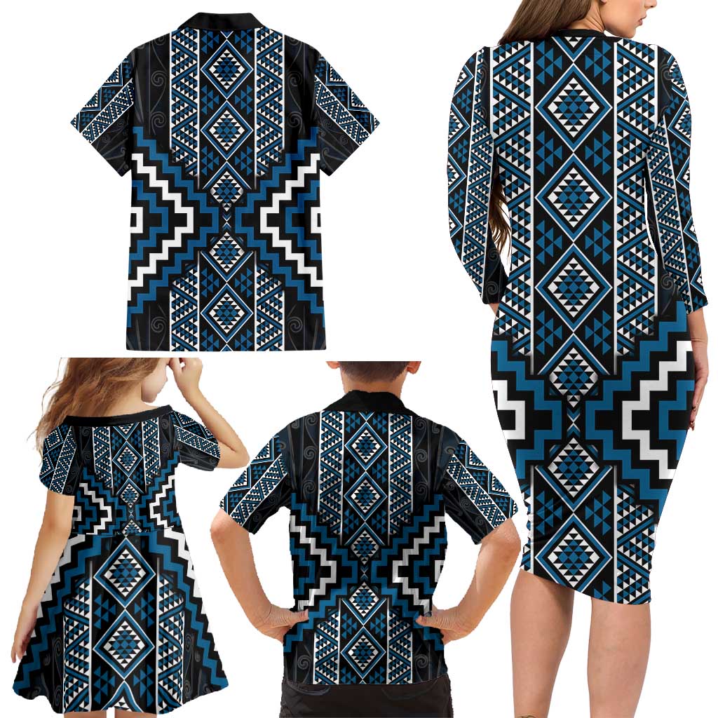 Azure Tukutuku Pattern Aotearoa Family Matching Long Sleeve Bodycon Dress and Hawaiian Shirt Niho Taniwha and Puhoro Motifs