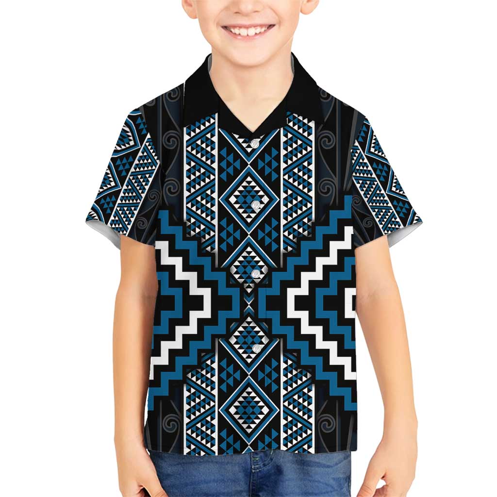 Azure Tukutuku Pattern Aotearoa Family Matching Long Sleeve Bodycon Dress and Hawaiian Shirt Niho Taniwha and Puhoro Motifs