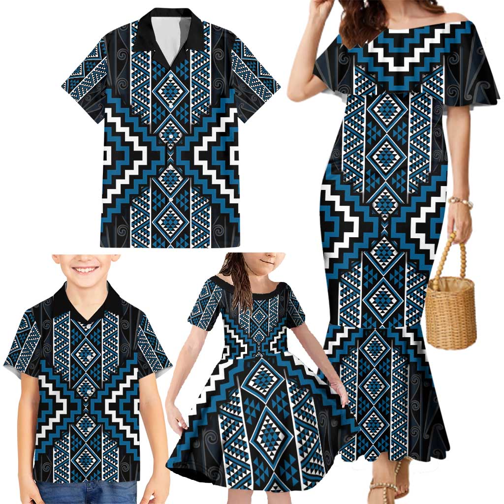 Azure Tukutuku Pattern Aotearoa Family Matching Mermaid Dress and Hawaiian Shirt Niho Taniwha and Puhoro Motifs