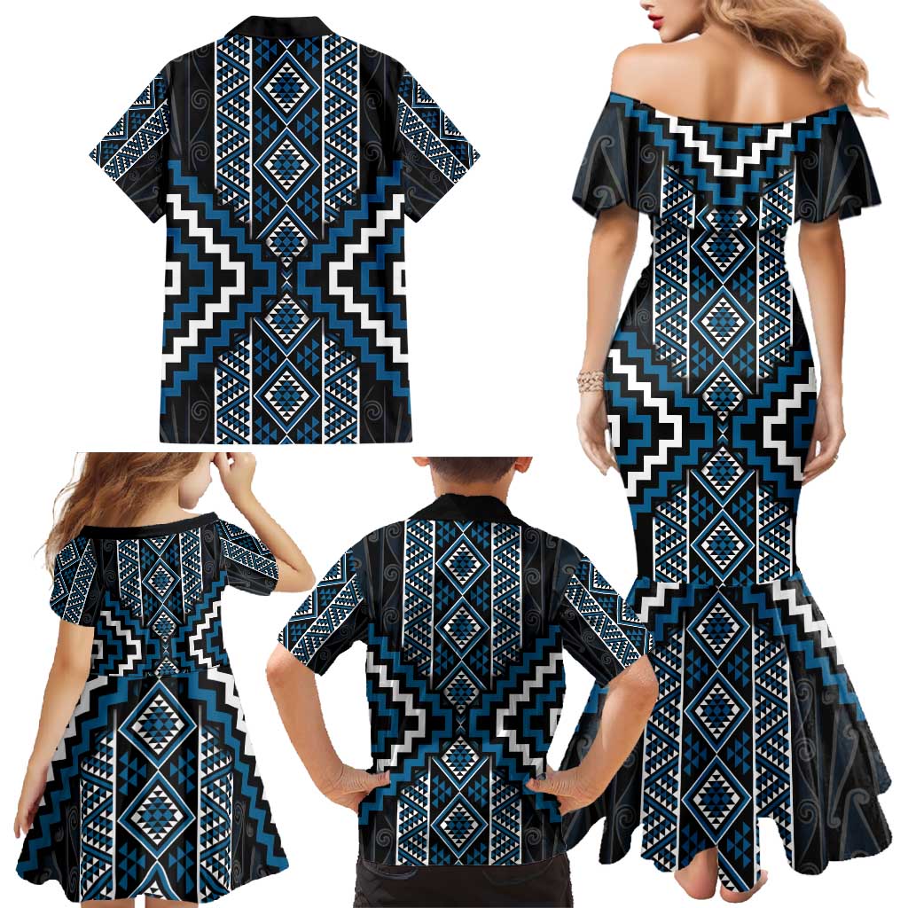 Azure Tukutuku Pattern Aotearoa Family Matching Mermaid Dress and Hawaiian Shirt Niho Taniwha and Puhoro Motifs