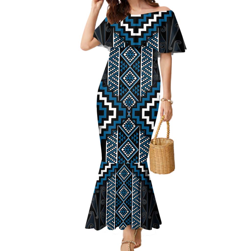 Azure Tukutuku Pattern Aotearoa Family Matching Mermaid Dress and Hawaiian Shirt Niho Taniwha and Puhoro Motifs