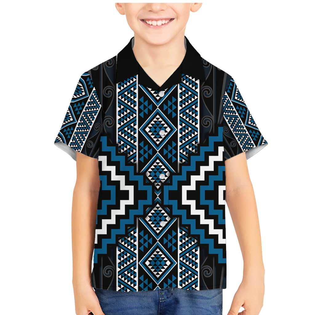 Azure Tukutuku Pattern Aotearoa Family Matching Mermaid Dress and Hawaiian Shirt Niho Taniwha and Puhoro Motifs