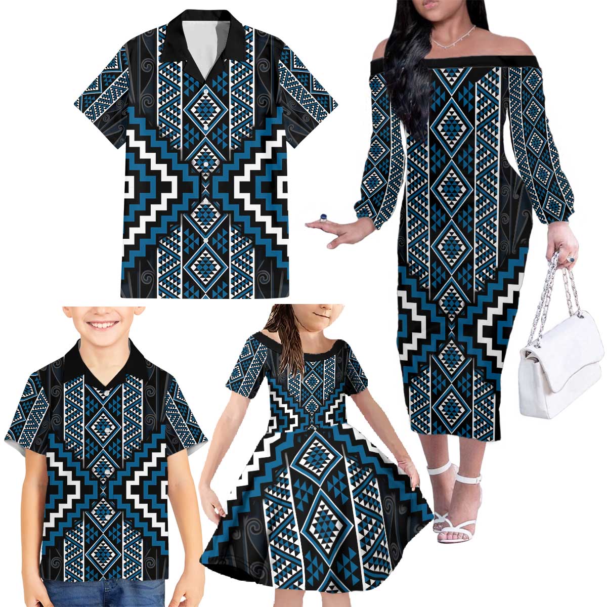 Azure Tukutuku Pattern Aotearoa Family Matching Off The Shoulder Long Sleeve Dress and Hawaiian Shirt Niho Taniwha and Puhoro Motifs