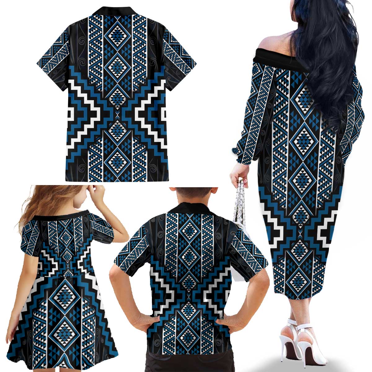 Azure Tukutuku Pattern Aotearoa Family Matching Off The Shoulder Long Sleeve Dress and Hawaiian Shirt Niho Taniwha and Puhoro Motifs