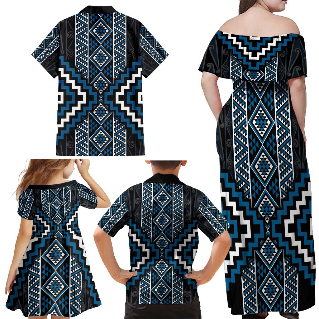 Azure Tukutuku Pattern Aotearoa Family Matching Off Shoulder Maxi Dress and Hawaiian Shirt Niho Taniwha and Puhoro Motifs