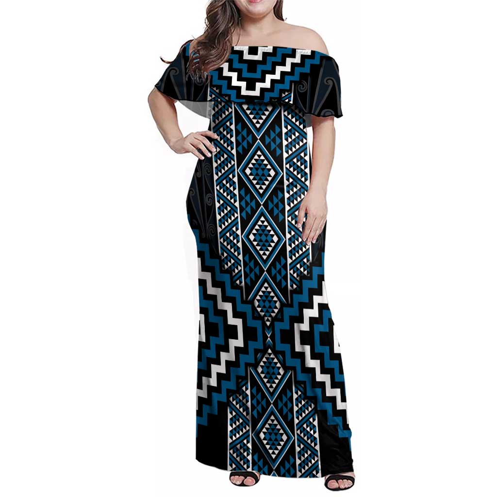 Azure Tukutuku Pattern Aotearoa Family Matching Off Shoulder Maxi Dress and Hawaiian Shirt Niho Taniwha and Puhoro Motifs