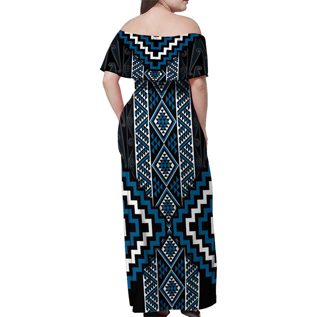 Azure Tukutuku Pattern Aotearoa Family Matching Off Shoulder Maxi Dress and Hawaiian Shirt Niho Taniwha and Puhoro Motifs