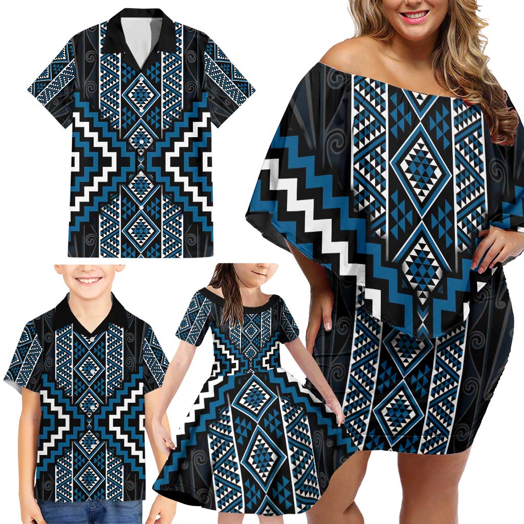 Azure Tukutuku Pattern Aotearoa Family Matching Off Shoulder Short Dress and Hawaiian Shirt Niho Taniwha and Puhoro Motifs