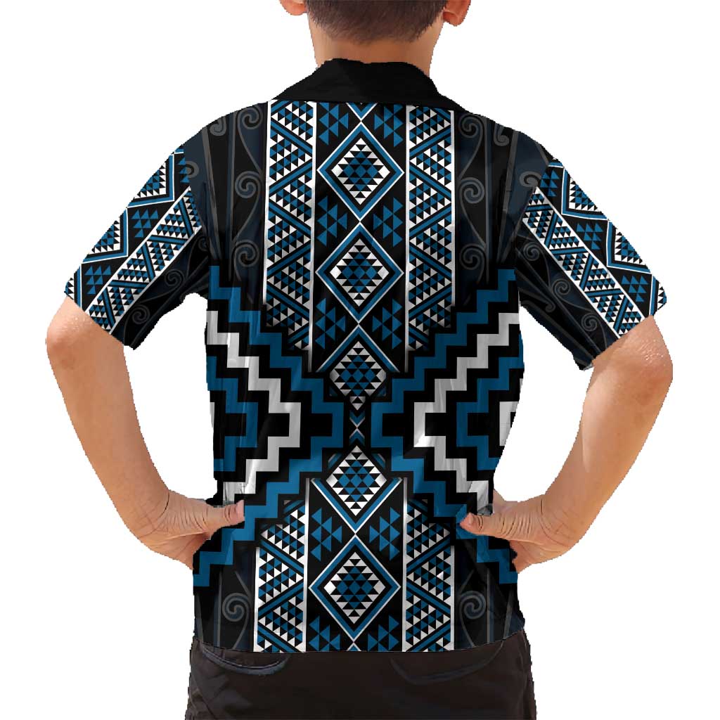 Azure Tukutuku Pattern Aotearoa Family Matching Off Shoulder Short Dress and Hawaiian Shirt Niho Taniwha and Puhoro Motifs