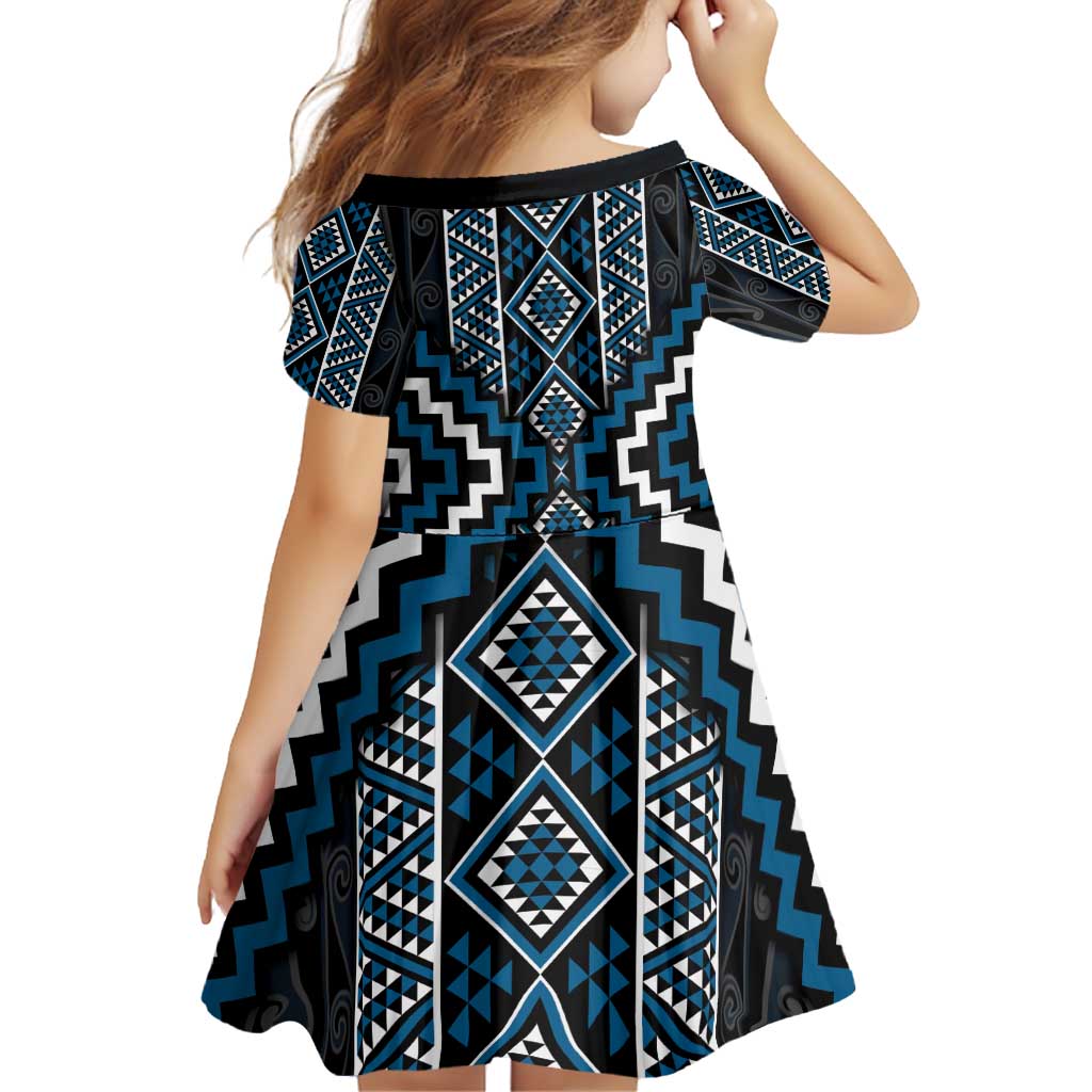 Azure Tukutuku Pattern Aotearoa Family Matching Off Shoulder Short Dress and Hawaiian Shirt Niho Taniwha and Puhoro Motifs