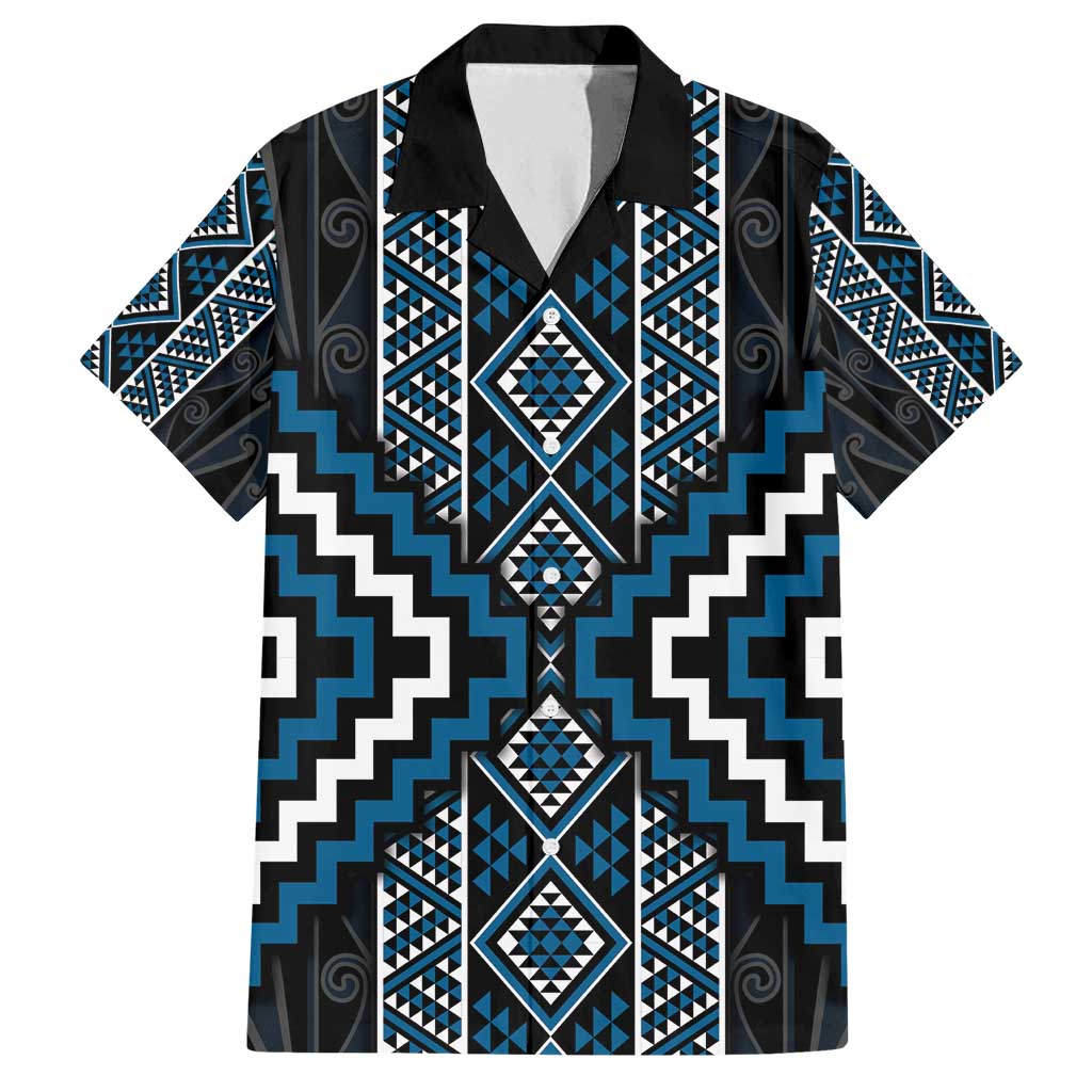 Azure Tukutuku Pattern Aotearoa Family Matching Off Shoulder Short Dress and Hawaiian Shirt Niho Taniwha and Puhoro Motifs