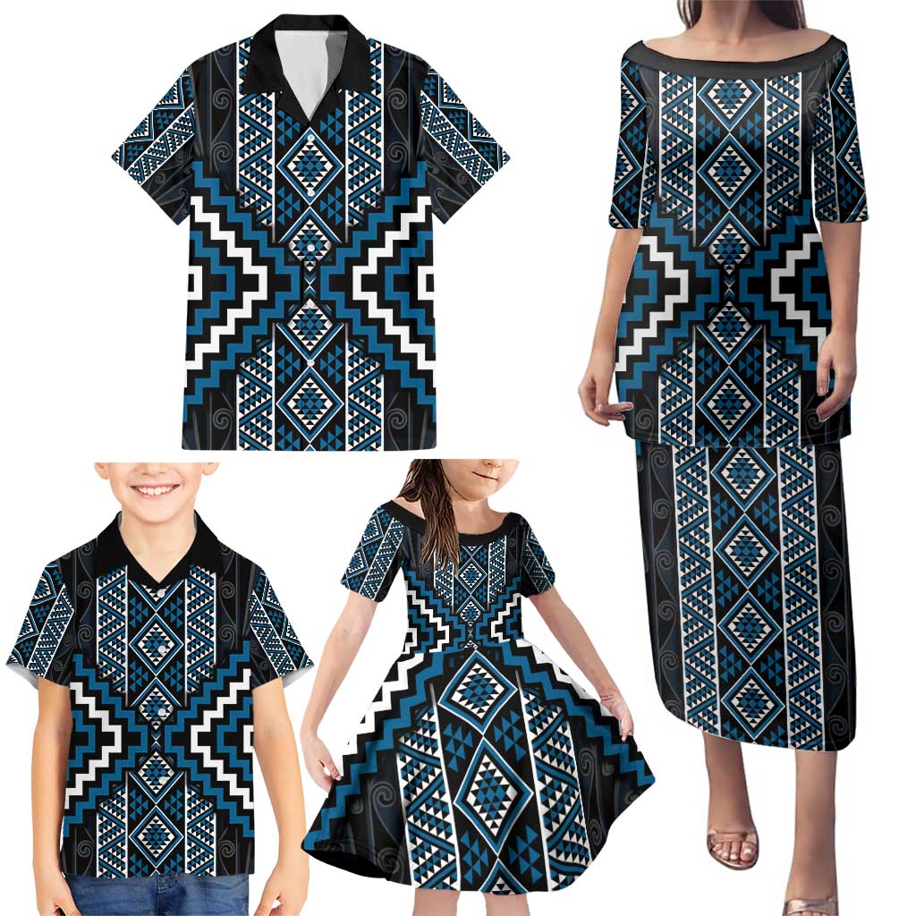 Azure Tukutuku Pattern Aotearoa Family Matching Puletasi and Hawaiian Shirt Niho Taniwha and Puhoro Motifs