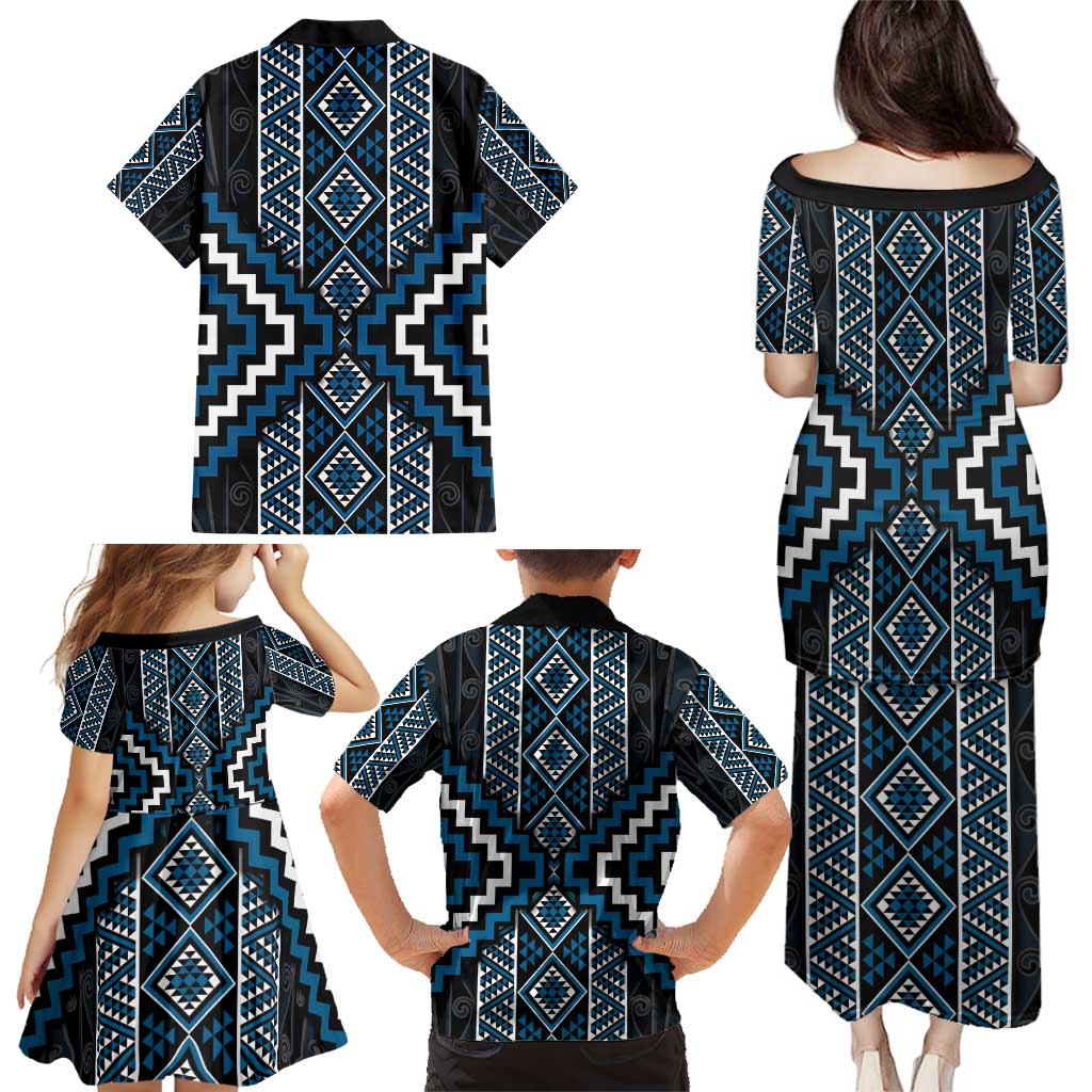 Azure Tukutuku Pattern Aotearoa Family Matching Puletasi and Hawaiian Shirt Niho Taniwha and Puhoro Motifs