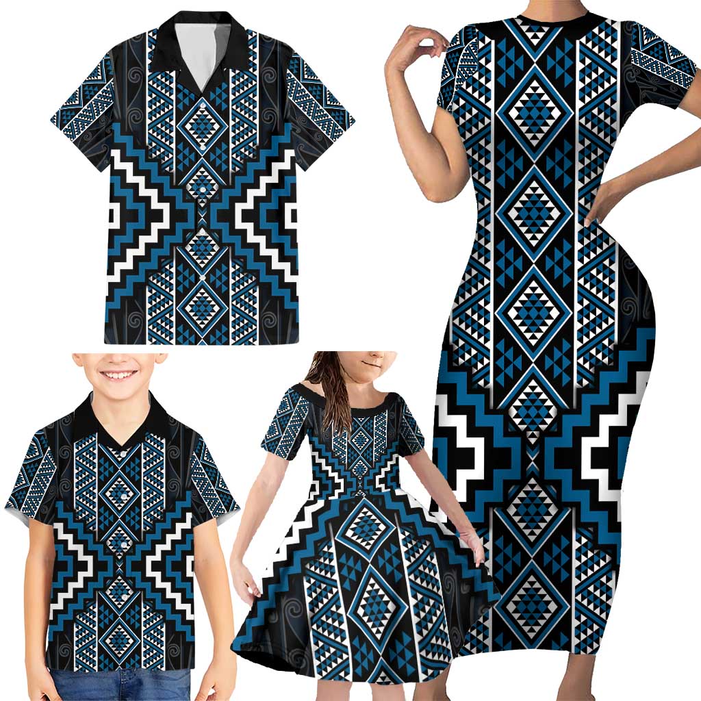 Azure Tukutuku Pattern Aotearoa Family Matching Short Sleeve Bodycon Dress and Hawaiian Shirt Niho Taniwha and Puhoro Motifs