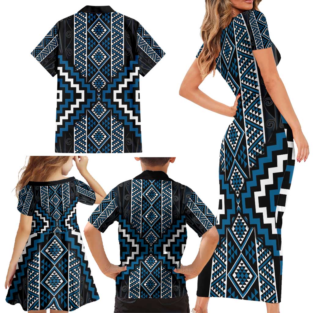 Azure Tukutuku Pattern Aotearoa Family Matching Short Sleeve Bodycon Dress and Hawaiian Shirt Niho Taniwha and Puhoro Motifs