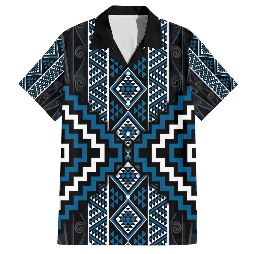 Azure Tukutuku Pattern Aotearoa Family Matching Short Sleeve Bodycon Dress and Hawaiian Shirt Niho Taniwha and Puhoro Motifs