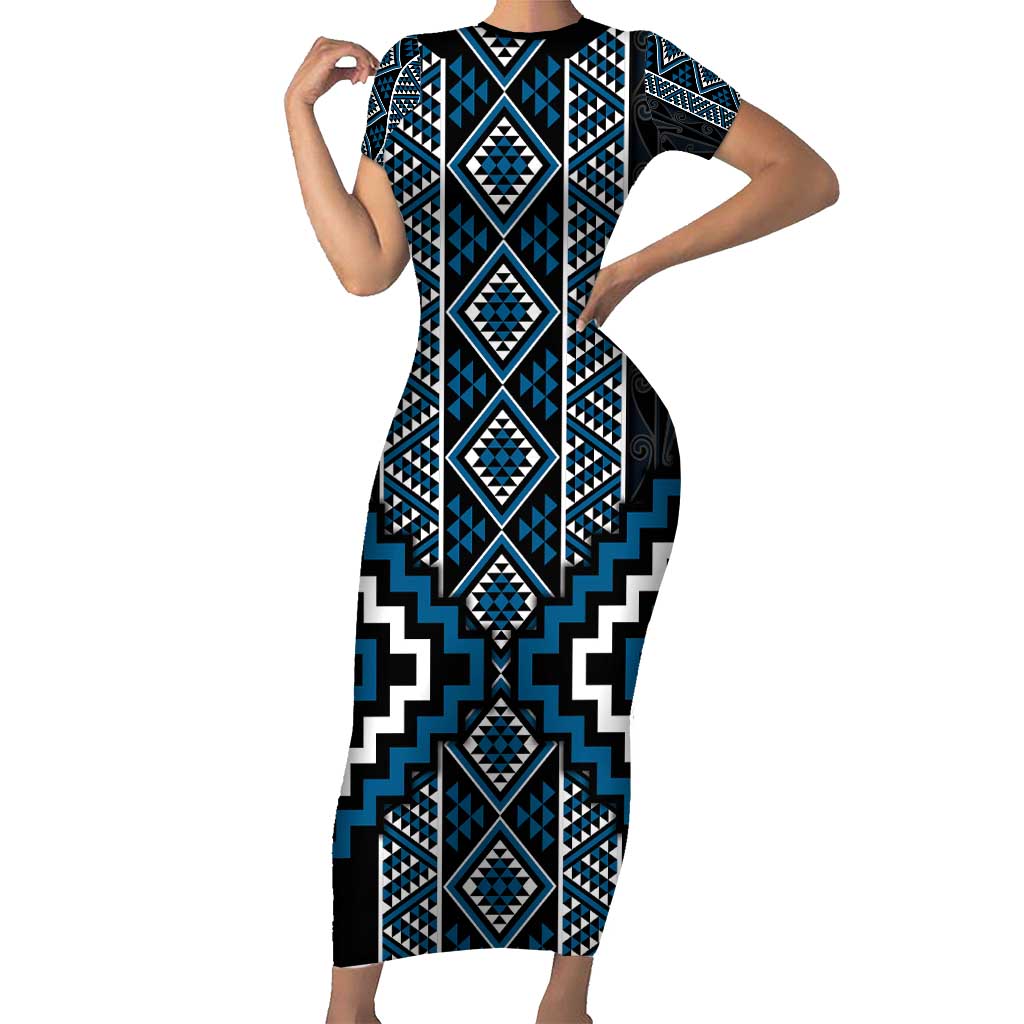 Azure Tukutuku Pattern Aotearoa Family Matching Short Sleeve Bodycon Dress and Hawaiian Shirt Niho Taniwha and Puhoro Motifs