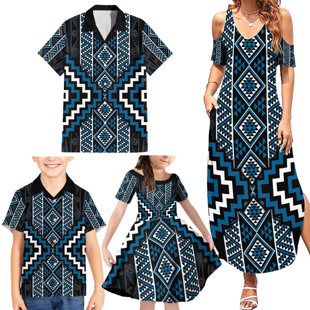 Azure Tukutuku Pattern Aotearoa Family Matching Summer Maxi Dress and Hawaiian Shirt Niho Taniwha and Puhoro Motifs