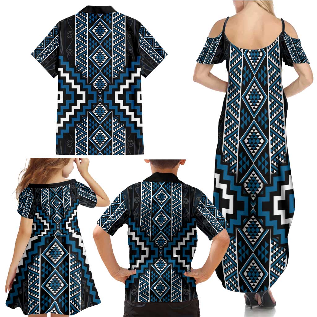 Azure Tukutuku Pattern Aotearoa Family Matching Summer Maxi Dress and Hawaiian Shirt Niho Taniwha and Puhoro Motifs