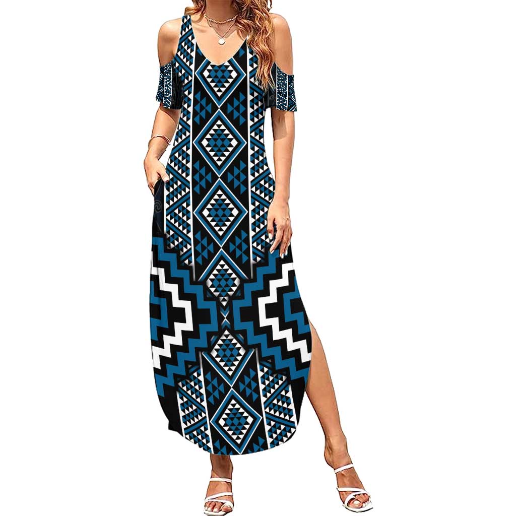 Azure Tukutuku Pattern Aotearoa Family Matching Summer Maxi Dress and Hawaiian Shirt Niho Taniwha and Puhoro Motifs