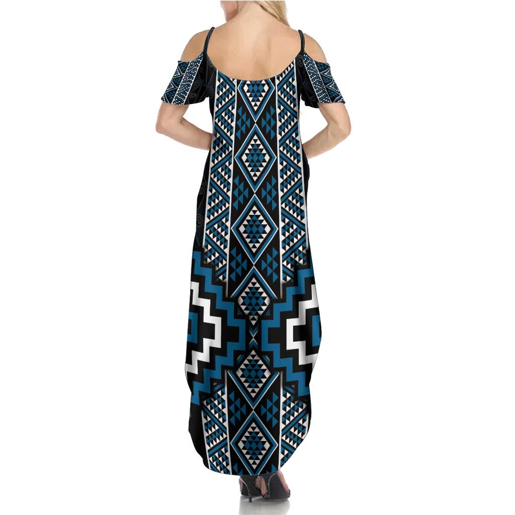 Azure Tukutuku Pattern Aotearoa Family Matching Summer Maxi Dress and Hawaiian Shirt Niho Taniwha and Puhoro Motifs